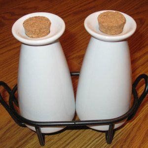 Oil and Vinegar Cruet Set White with Corks in Rack New